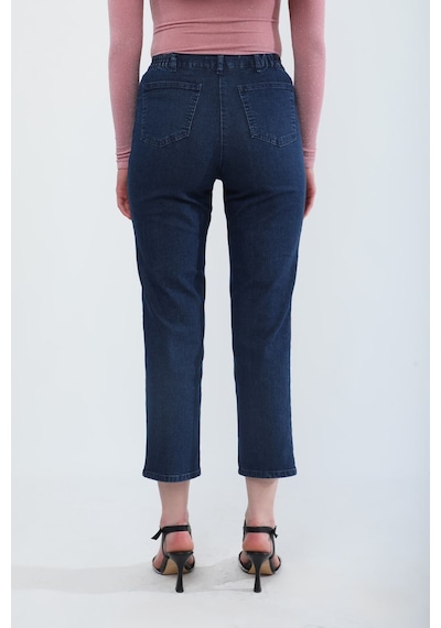 Blue White Kadın Beli Lastikli Likralı Esnek Jean Pantolon Koyu Mavi 34