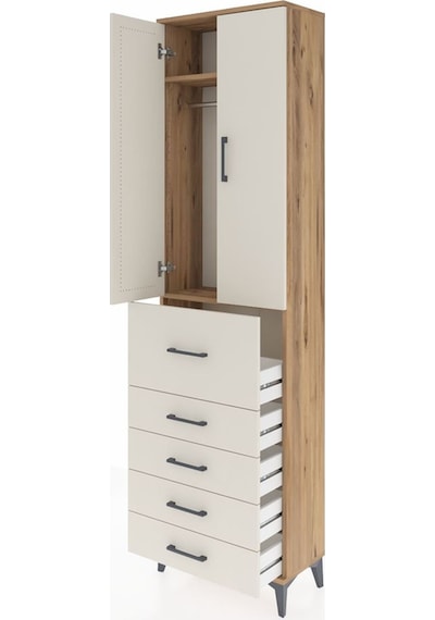 Arges Dolap 2 Raflı 5 Çekmeceli 2 Kapaklı 60x30x221 Çam-aytaşı Çam