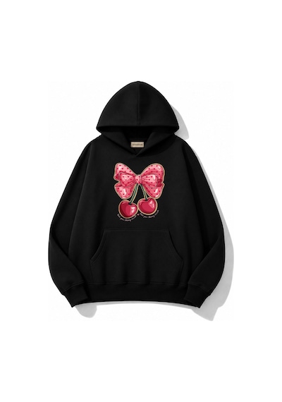 Herkesemoda Kurdele Kiraz Baskılı Kapüşonlu 2 İplik Şardonlu Sweatshirt Siyah