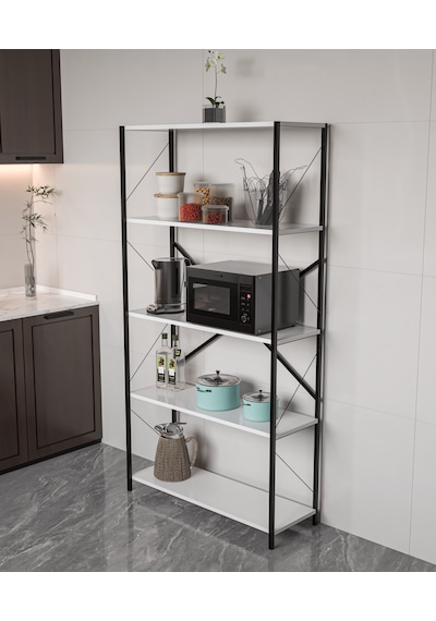 Metal Kitaplık 5 Raflı Ev Ofis Rafı Dosya Kitap Mutfak Rafı Çok Amaçlı Geniş Raflı 180cm Beyaz