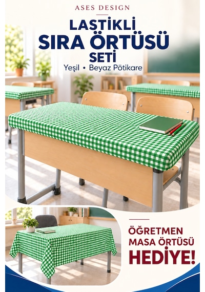 Yeşil Beyaz 15'li Lastikli Sıra Örtüsü, 100x140 Cm Öğretmen Masa Örtüsü Hediye