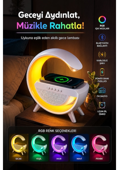 Forlife Fl-8093 G Tasarım Akıllı Gece Lambası Wireless Şarjlı Bluetooth Speaker 321-6 Beyaz