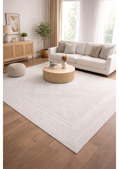 Modern Kabartmalı Halı Krem Geometrik Desenli Akrilik 8 Mm Hav Salon Yatak Odası Antre Halı