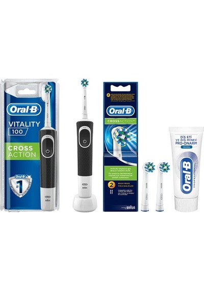 Oral-B Vitality D100 Cross Action Siyah Elektrikli Diş Fırçası + Cross Action Yedek Başlık 2'li + Diş Macunu 50 ML