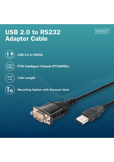 Dıgıtus Usb 2.0 - Rs232 Adaptör Kablosu, 1,8 M, Entegre Ftdı Ft232rnl Yonga Seti