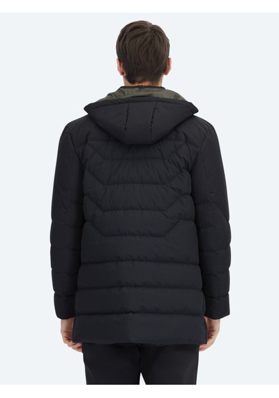 Kip Siyah Regular Fit Kapüşonlu Casual Dokuma Kaban Siyah -