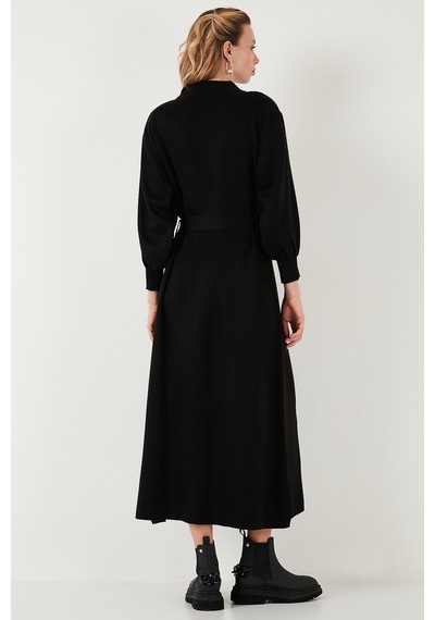 Lela Modest Relaxed Fit Bisiklet Yaka Triko Bayan Elbise 4616198 Siyah