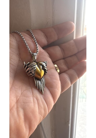 Vintage Metal Melek Kanatlı Kalp Kolye Guardian Angel Tasarım, Paslanmaz Çelik Zincir, Unisex Çelik