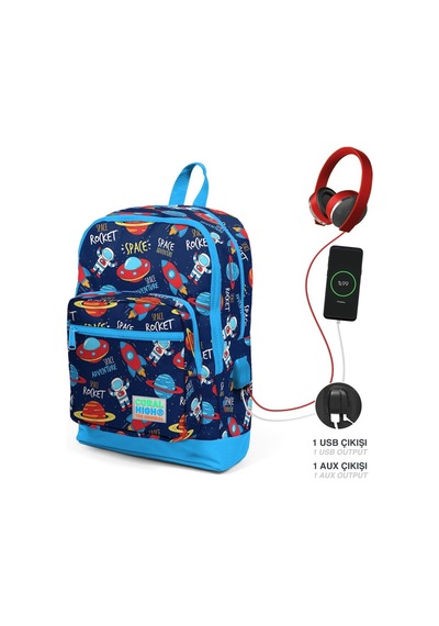 Coral High Okul Çantası Ve Beslenme Çantası Seti - Erkek Çocuk Mavi Lacivert Uzay - Usb Soketli