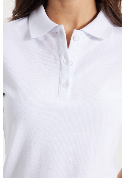 Tudors Kadın Slim Fit Dar Kesim %100 Pamuk Polo Yaka Beyaz Pike Tişört -50833