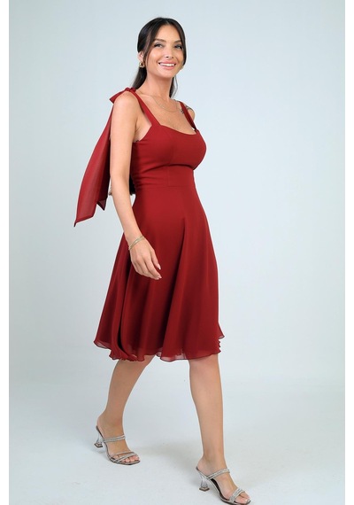 By Saygı Kadın Omuzu Bağcıklı Astarlı Kısa Elbise-41312 Bordo