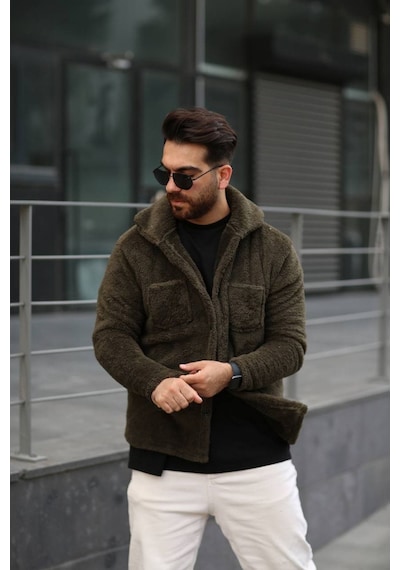 Sr Tekstil Pelüş Ceket Unisex Normal Kalıp Cep Detaylı Koyu Haki