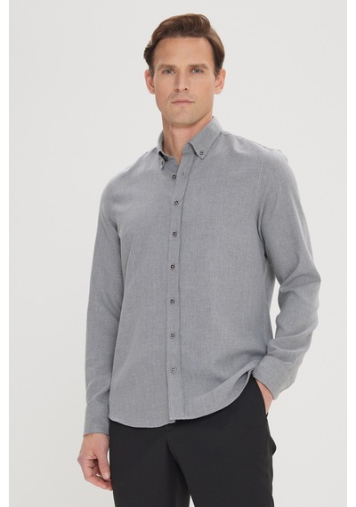 AC&Co / Altınyıldız Classics Erkek Acık Grı Slim Fit Dar Kesim Düğmeli Yaka Pamuklu Flanel Oduncu Gömlek Açık Gri