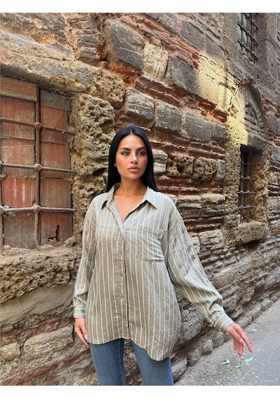 WeShaya Haki Çizgili Oversize Keten Gömlek Haki WeShaya Haki Çizgili Oversize Keten Gömlek Haki