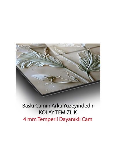 Modern Beyaz Çiçek Kabartma Görünümlü Dekoratif Temperli Cam Tablo Çiçek Temalı Dekoratif Duvar Tablosu, Salon Ve Yatak Odası Dekoru,