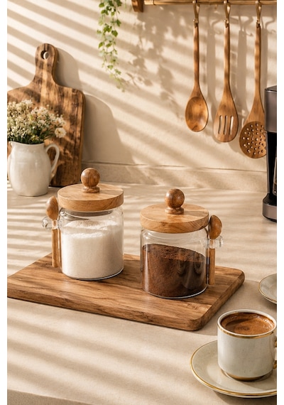 Porsima Lm-0057 Bambu Kapaklı Bambu Kaşıklı Cam 2li Şekerlik Sunumluk Seti Bal Ve Reçel Kavanozu Saklama Kabı 450ml Cam - Şeffaf