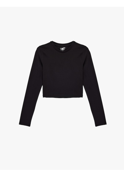 Koton İnterlok Uzun Kollu Bisiklet Yaka Slim Fit Spor Crop Tişört Siyah 6wak10313nk Siyah