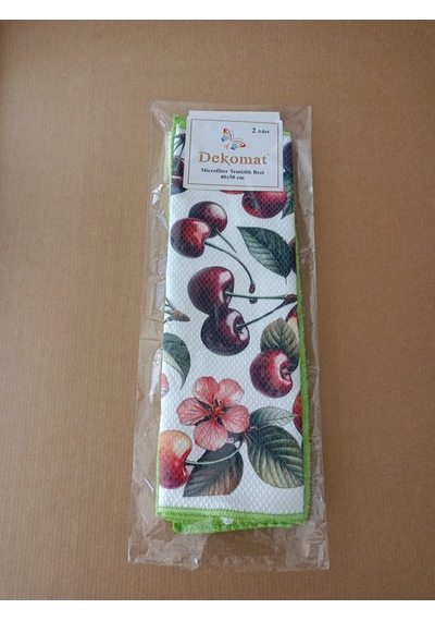 Microfiber Temizlik Bezi 40x50 Cm 2 Adet Kiraz Desen Bir Adet Baskılı Bir Adet Naturel Yeşil