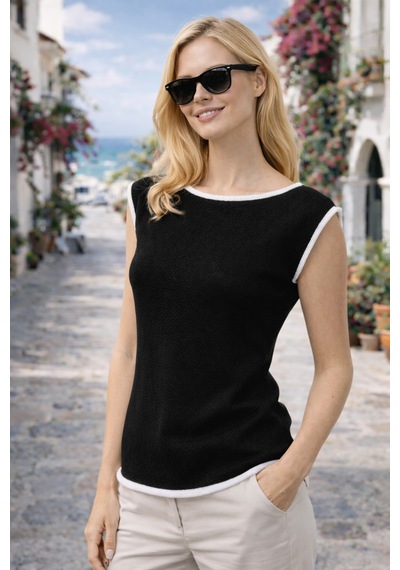 Aqefashion Kadın Kayık Yaka Sosis Yaka Yarasa Kol Beyaz Detaylı Modern Basic Özel Tasarım Siyah Triko Bluz