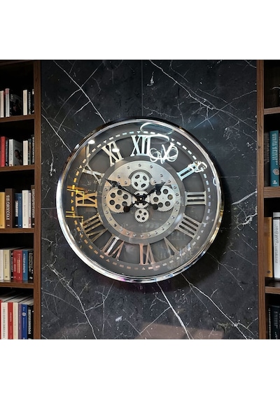 Roma Rakamlı Endüstriyel Metal Duvar Saati Dişli Mekanizmalı Vintage Dekor Saat Gümüş Gümüş