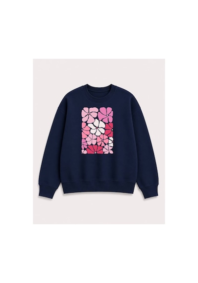 Herkesemoda Renkli Çiçekler Baskılı 2 İplik Şardonlu Bisiklet Yaka Sweatshirt Lacivert