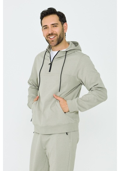 White Stone Açık Yeşil Kapüşonlu Yarım Fermuarlı Yandan Cepli Erkek Sweatshirt Khaık