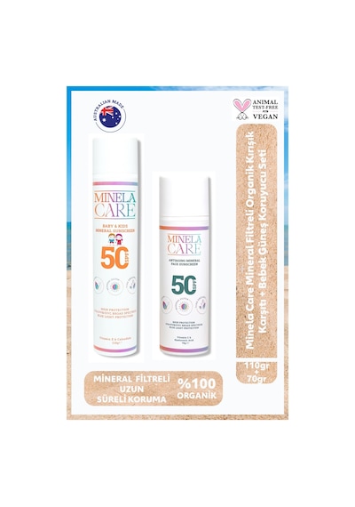 Minela Care Mineral Filtreli Organik Kırışık Karşıtı + Bebek Güneş Koruyucu Set Pa++++