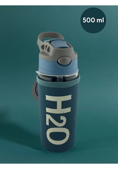 H2o Kılıflı Pipetli Cam Matara 500 Ml Mavi