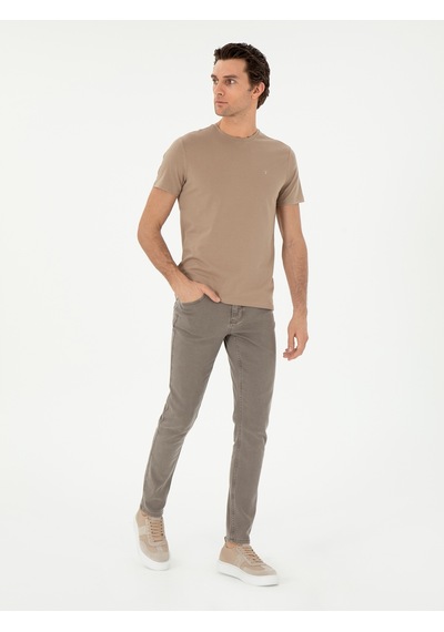 Vizon Slim Fit Bisiklet Yaka Merserize Basic T-shirt Kahverengi