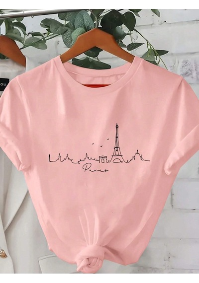 Flood Of Style Kadın Pembe Çizgi Paris Baskılı Oversize