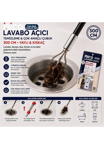 İbico İ21-030 Yaylı Kıskaçlı Lavabo Ve Gider Temizleme Çubuğu 300 Cm - 10'li Paket