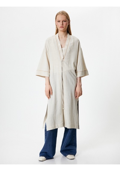 Koton Uzun Kimono Keten Ve Viskon Karışımlı Yarım Kollu Bej 4sak50116uw Ekru