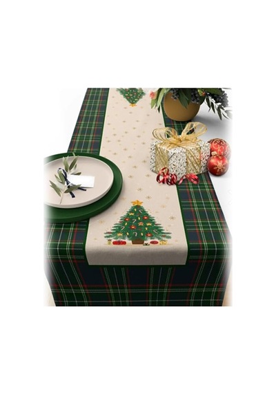 Yılbaşı Temalı Dijital Baskılı Runner Örtüsü Christmas Yeşil 40x140 Cm Çok Renkli