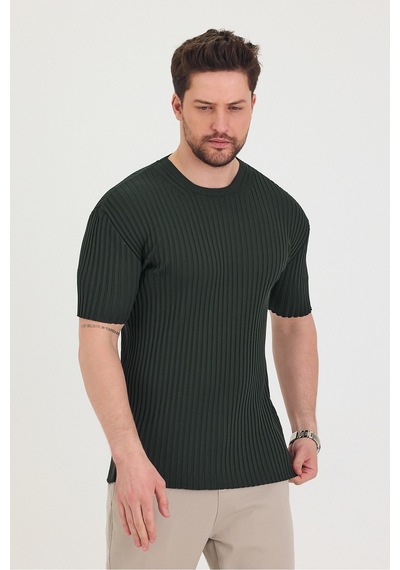Tarz Cool Erkek Bisiklet Yaka Fitilli Kısa Kollu Ince Triko T-shirt Haki