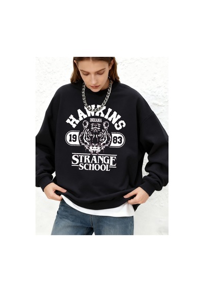 Startmore Startmorehawkins Strange School Baskılar Tişörtü Kadın Kış Polar Sıcak Kapüşonlular Bisiklet Yaka Jogg Siyah