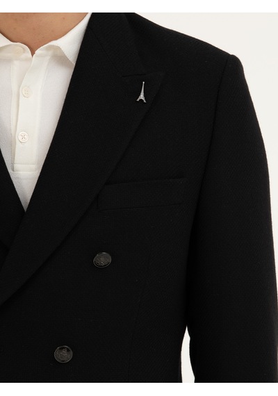 Cacharel Siyah Slim Fit Yün Karışımlı Kruvaze Ceket