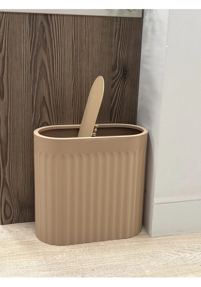 3d Baskı Yivli Oval Çöp Kutusu Sallanır Kapaklı Banyo Tuvalet Mutfak Ofis Kovası 24x12x23 Cm Bej
