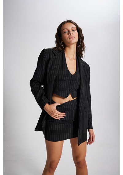 Holly Lolly Boyun Bağlamalı Crop Striped Yelek Siyah