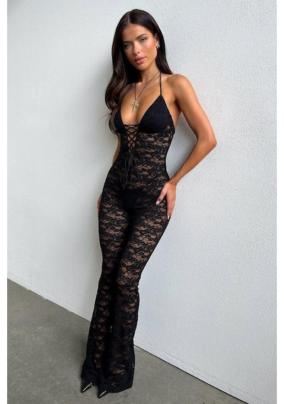 Lace Jumpsuit With Skinny Flared Legs Black Siyah