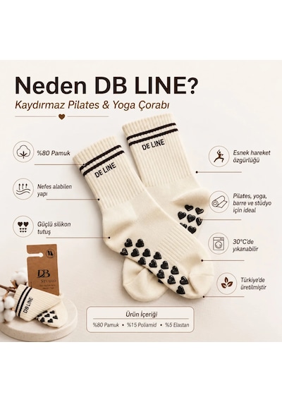 Elitse Db Lıne Kaydırmaz Pilates Yoga Çorabı Pamuklu Silikon Tabanlı Barre Stüdyo Spor Çorabı Krem