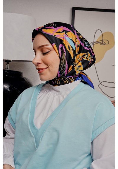 Afvente Yaprak Desen Lacivert Soft Pamuk Eşarp