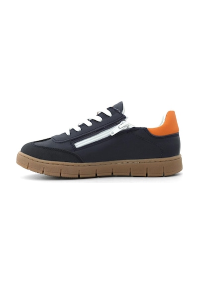 Hakiki Deri Lacivert Turuncu Bağcıklı Fermuarlı Çocuk Sneakers Ayakkabı Lacivert