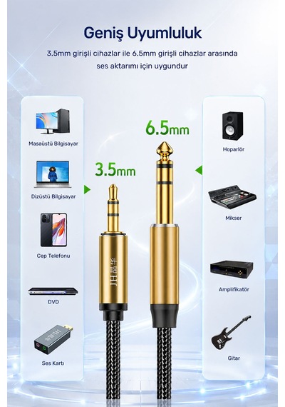 3.5mm - 6.35mm Ses Kablosu, 6.5mm Jak Dönüştürücü Audio Kablo, Gitar Amfi Mikrofon Kulaklık Elektro Piyano Uyumlu, Naylon Örgü, Altın Kaplama, Metal Gövde A583h