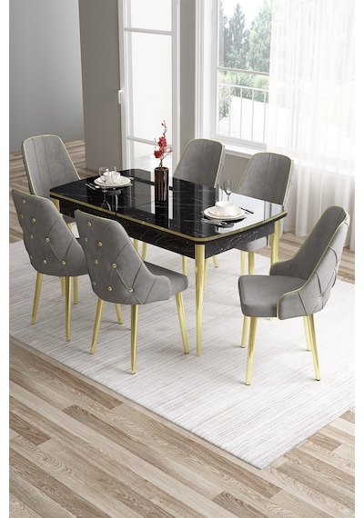 Canisa Concept Tia Serisi 80x132 Mdf Açılabilir Siyah Mermer Desen Gold Detay Masa Takımı Ve 6 Gri Sandalye Masa Siyah Mermer Desen Sandalye Gri