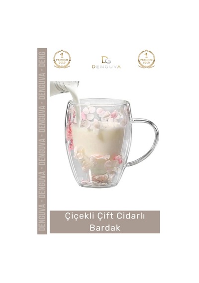 Bardak Borosilikat Cam Çiçekli Isıya Dayanıklı Tasarım Kupa Lüks Çift Cidarlı Handmade Bardak Çok Renkli