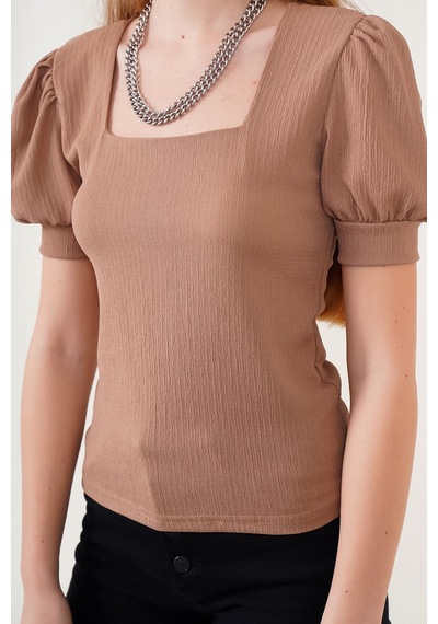 Hiccup Bdart Slim Fit Kare Yaka Bluz Deve Kahvesi