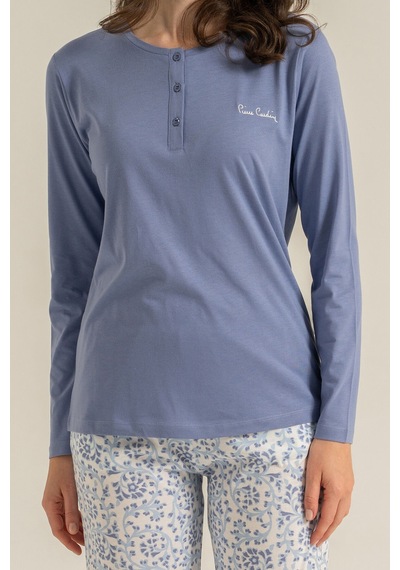 Pierre Cardin Kadın Mavi Düğmeli Yaka Uzun Kol Pijama Takım Pc9270-s-v1 Pc9270-s-v1