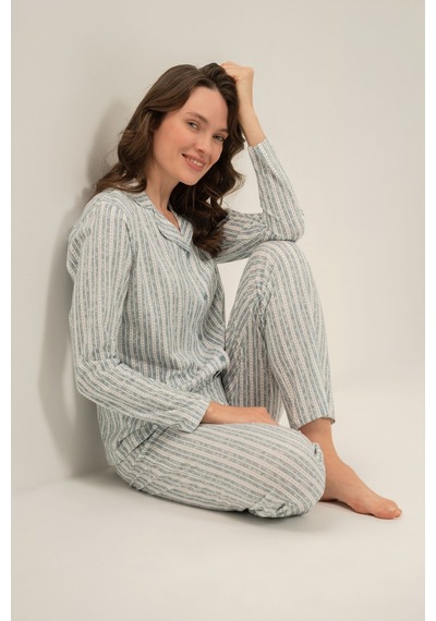 Arnetta Kadın Yeşil Çizgili Gömlek Pijama Takımı Ar3780-s-v1 Ar3780-s-v1