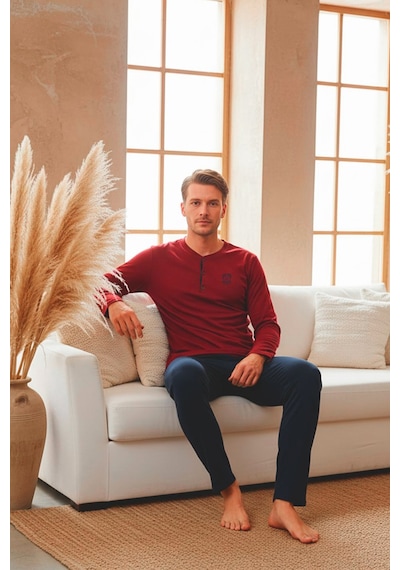 Kompedan Erkek Uzun Kollu 4 Mevsim Penye Süprem Önü Patlı Pijama Takımı Bordo 800 Bordo