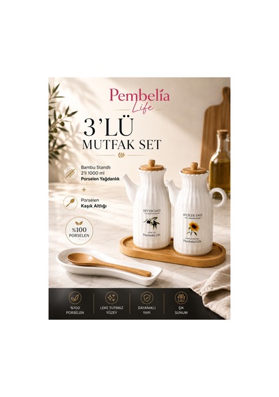 Bambu Standlı 2 Li Porselen Yağdanlık Ve Porselen Kaşık Altlığı 4 Lü Mutfak Düzenleme Seti Beyaz Beyaz